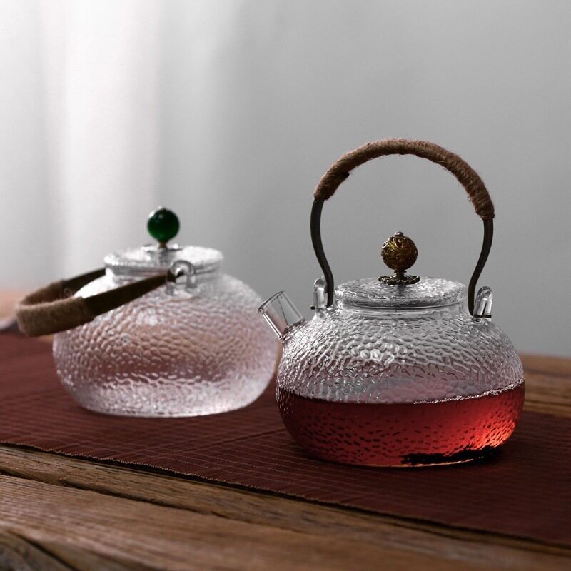 高硼硅玻璃锤目纹铜把提梁壶电陶炉煮茶器烧水壶家用加厚泡茶壶