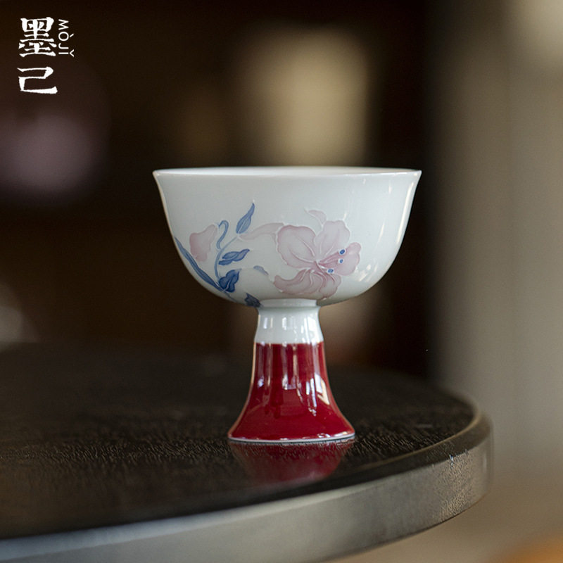 墨己丹霞有田烧百合仿宋高足茶杯功夫茶具手绘主人杯陶瓷品茗杯