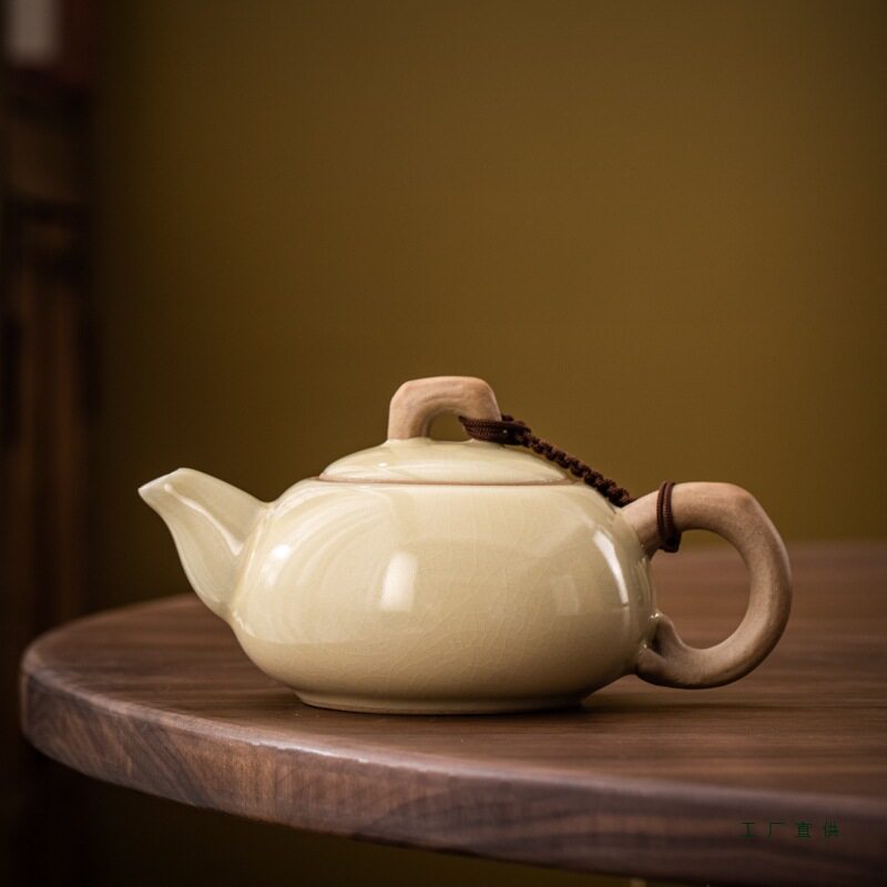 米黄汝窑茶壶陶瓷家用单个壶开片可养泡茶壶功夫茶具手抓壶过滤壶