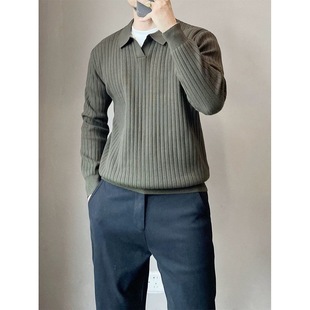 轻熟风春秋新款条纹翻领男生毛衣纹理弹力宽松针织POLO衫长袖线衫