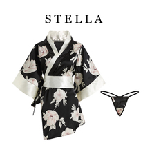 STELLA黑道千金日系黑色睡袍性感印蝴蝶结腰封高级感日式和服睡衣