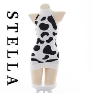 STELLA 日系奶牛纹高领露背针织连衣裙包臀裙女 高品