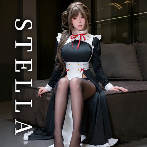 STELLA 【高品】复古法式女仆风修身红丝带管家长裙cosplay套装