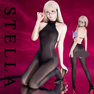 STELLA性感露背连体打底衣6D丝滑透视油亮紧身黑色马油连体衣丝袜