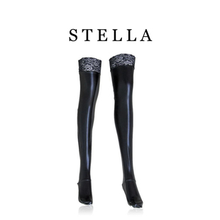 STELLS机车女孩cosplay女高筒约皮袜弹力蕾丝边过膝漆皮长筒腿袜