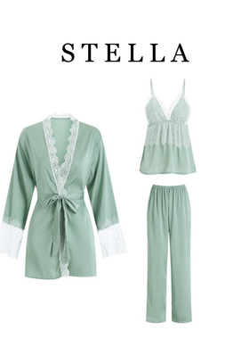 STELLA晨袍蕾丝红色小胸性感睡衣女款吊带长袖长裤睡袍三件套装