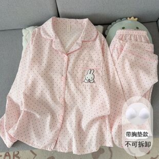 带胸垫波点米菲兔云朵纯棉纱睡衣女款秋春季长袖可爱少女家居服冬