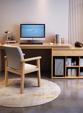 电脑桌台式可放主机实木书桌转角书柜一体桌组合写字桌双人办公桌