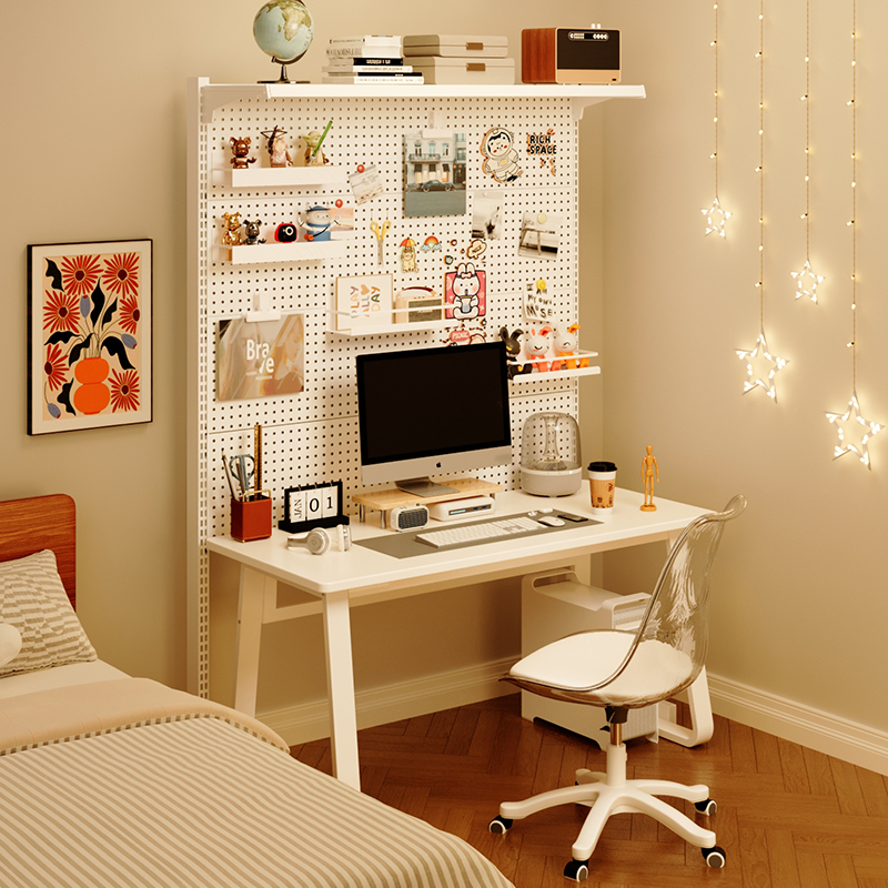 速发洞洞板置物架属金书架书桌一体靠墙地落免打孔电脑桌学习桌收