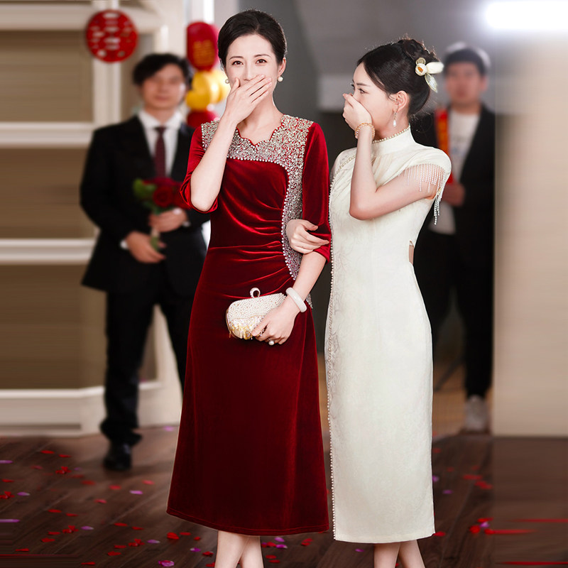 速发喜婆婆婚宴装新款妈五结婚礼服旗袍长裙妈一高端春季金丝绒衣