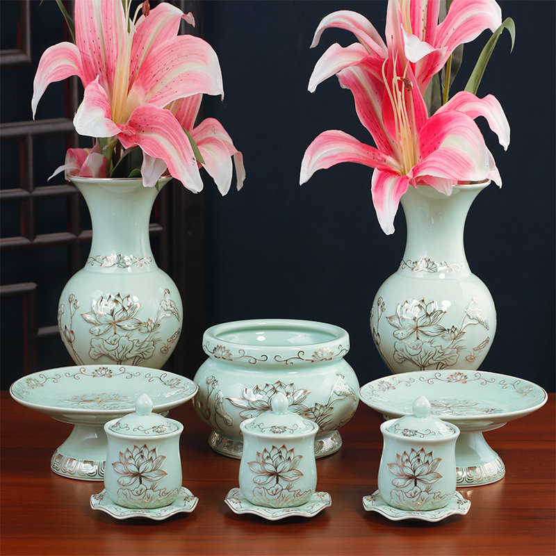 速发佛水无字莲花陶佛浮雕绿香炉家用室内供奉花瓶供具杯果盘供瓷
