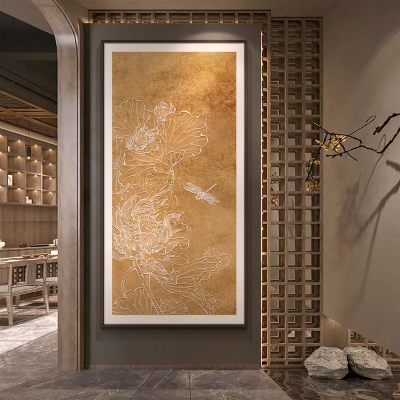 速发新中式别墅玄关荷花浮雕立体艺术挂画酒店民宿走廊过道背景装