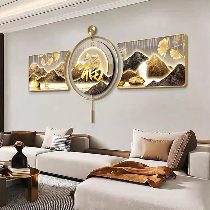 速发福字客厅装饰画高档寓意好三联景挂墙轻奢大气沙发背画钟挂画