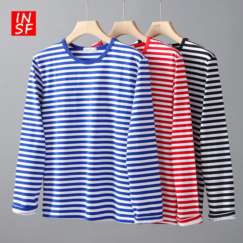 速发纯棉士魂衫t恤长袖男春海秋蓝白纹圆领上衣体能训练服男款