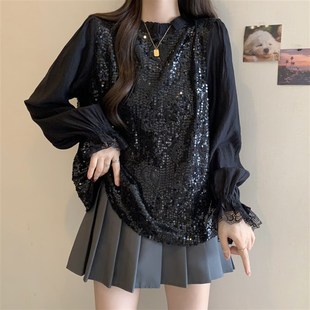 速发黑色亮片遮袖早款新秋大码长肉气质独特亮闪闪上衣