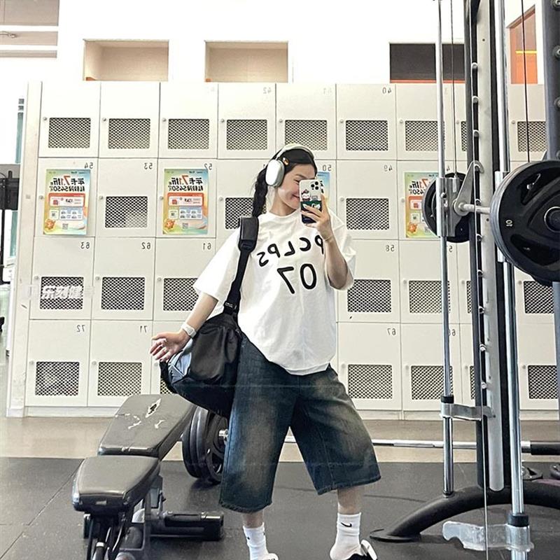 大码美式复古高街褶皱七分牛仔裤女夏季高腰宽松显瘦直筒阔腿短裤