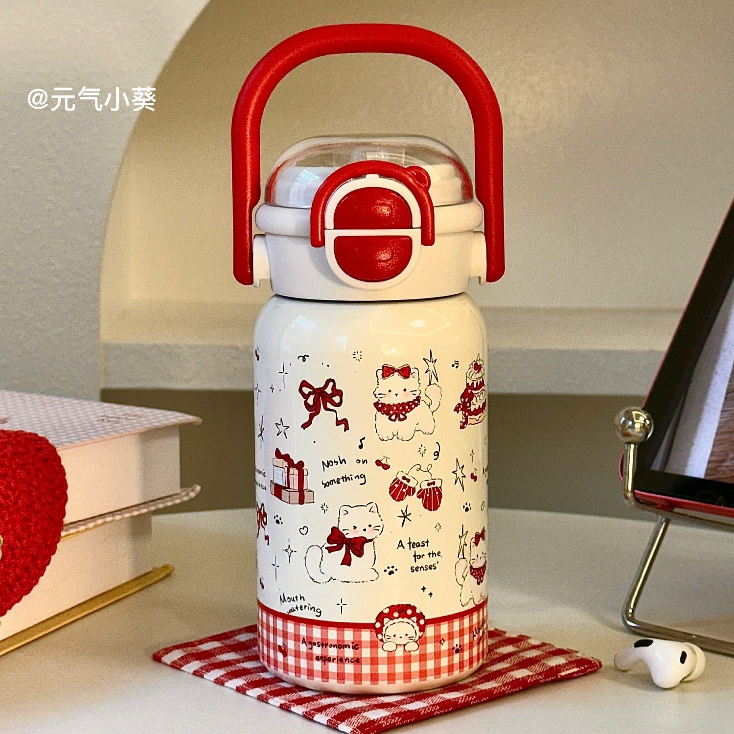 高颜值保温杯女生简约食品级316不锈钢双饮吸管学生水杯可爱小猫