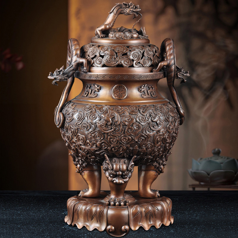 紫铜带底螭龙耳云福纹熏炉香道香炉禅室静心茶室檀香安神薰香炉,家居饰品,桌面摆件,淘宝优惠券,粉丝福利购,淘宝优惠卷