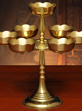 纯黄铜铜钱七星灯高脚酥油灯蜡烛台座供佛油灯家用佛堂佛前长明灯