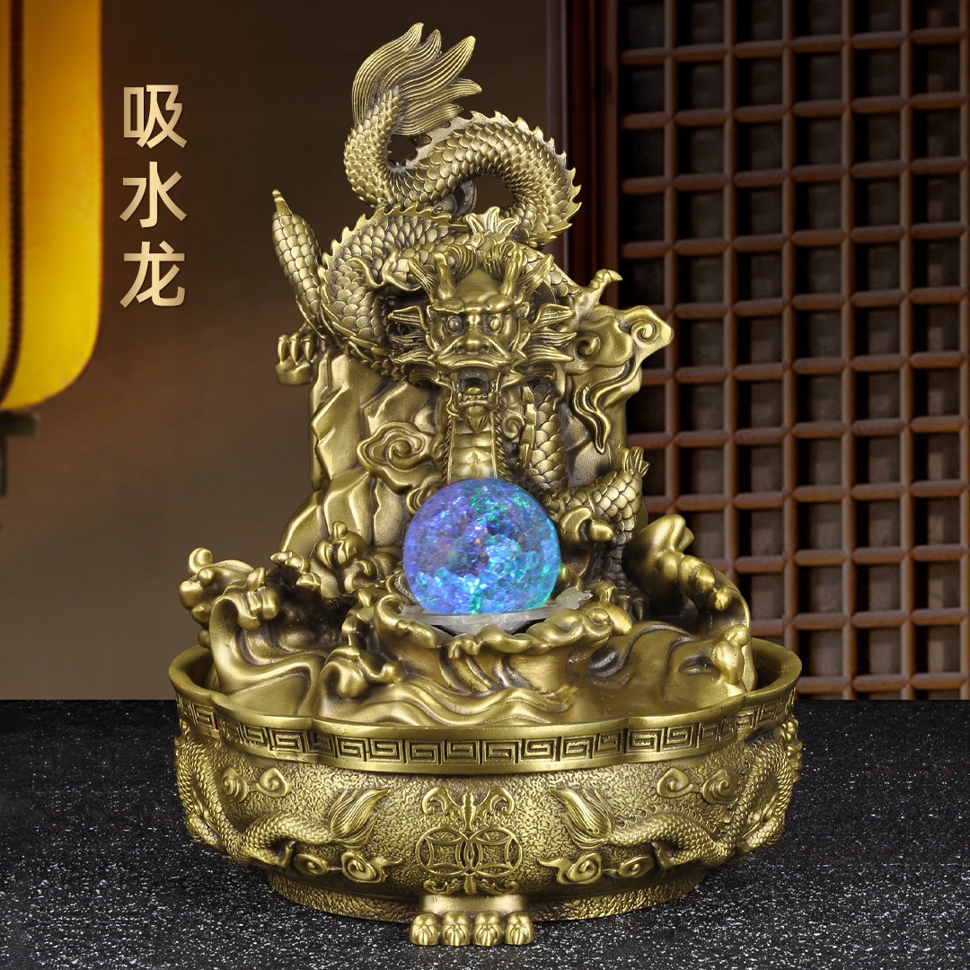纯黄铜龙摆件招财聚宝盆龙吐水流水摆件家居客厅玄关办公室装饰品