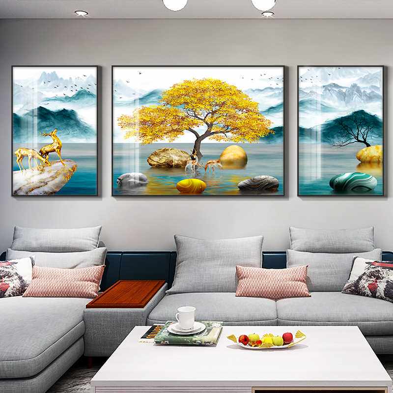 三联晶瓷画麋鹿石来运转有框挂画客厅轻奢装饰画现代简约客厅壁画