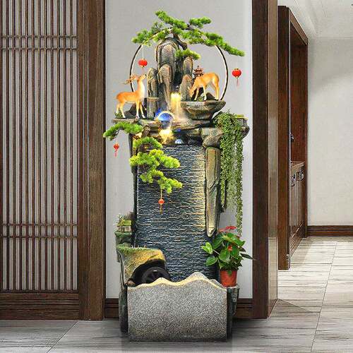 假山流池水喷泉厅内风室水轮加湿器鱼高山水BYD幕景观落地招客财