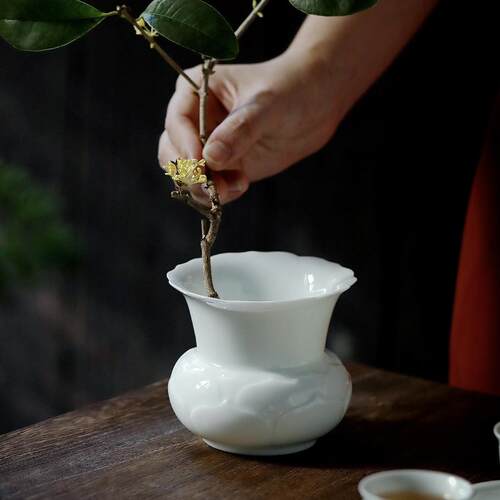 意叁仿宋湖田窑影瓷刻用YS202500花中古式复通茶具高足荷叶青花口