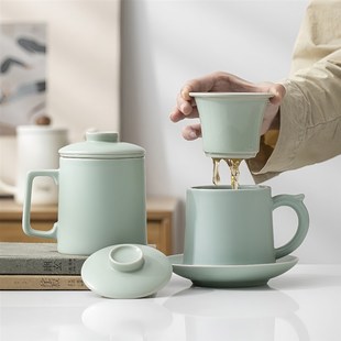 过滤杯精品汝窑陶瓷茶水分离泡茶杯带盖过滤健康办Y公神器礼品装