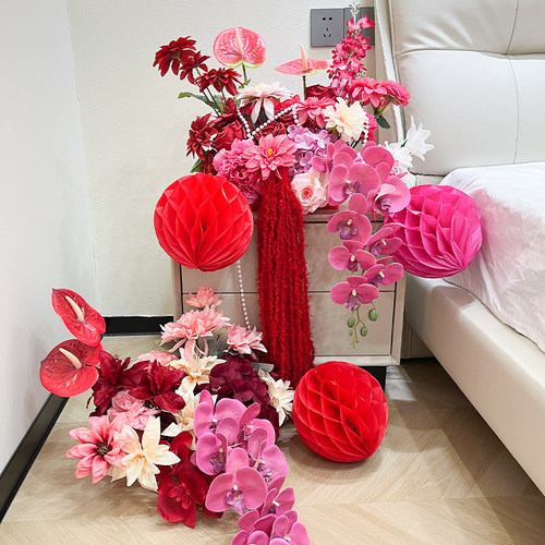 婚房布置红色仿真花结婚装饰订婚客F厅婚礼桌花摆件床头花艺摆设