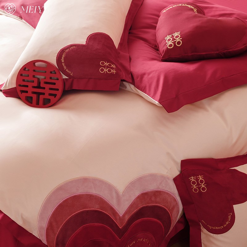 浪漫爱心红色床单结婚床上四件套C全棉纯棉贡缎喜被婚庆轻奢风床