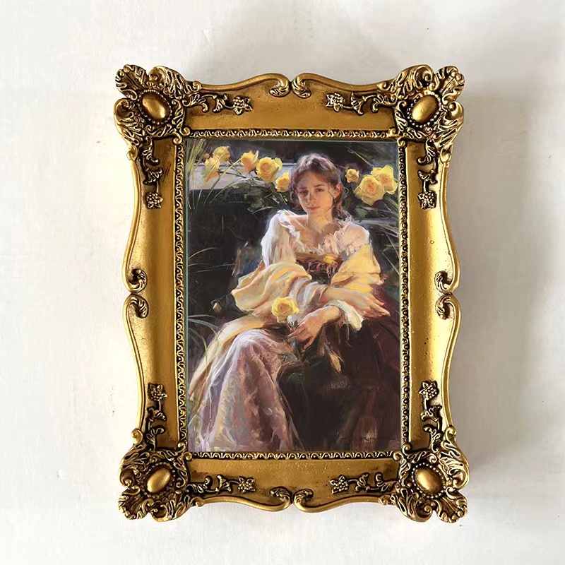 法美式古铜色轻奢方形雕花相框复古F油画装饰画桌面摆件玻璃画框
