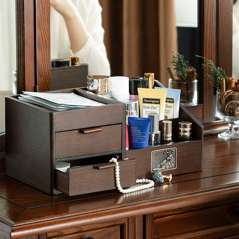 化妆品收纳盒f首饰一体桌面置物架口红精油家用木质抽屉整理梳妆