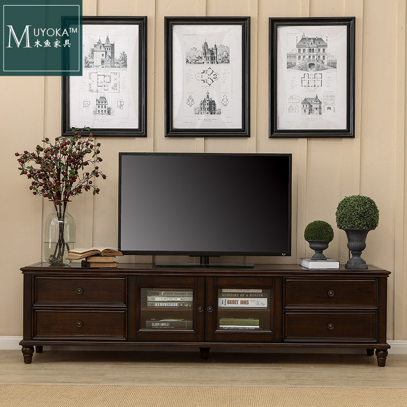 美式电视柜 桃花心木美式乡村实z木电视柜茶几组合黑胡桃 美式家