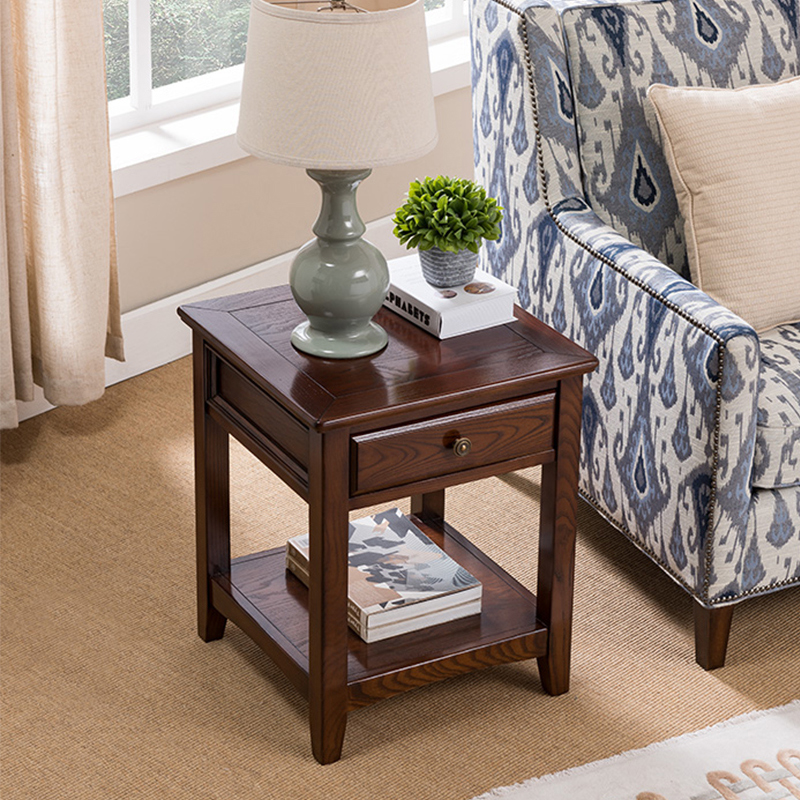 美式实木沙发边几客厅简约v角几储物柜床头边柜正方形带抽屉小边