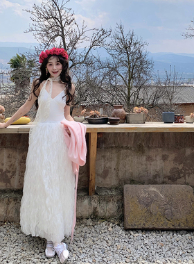 赵幺妹 月光圆舞曲 私服系列白色吊带蕾丝拼接连衣裙薄纱裙长裙女