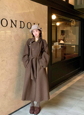 赵幺妹 甜甜布郎尼100羊毛咖色洋气宽松休闲系带毛呢大衣外套女冬