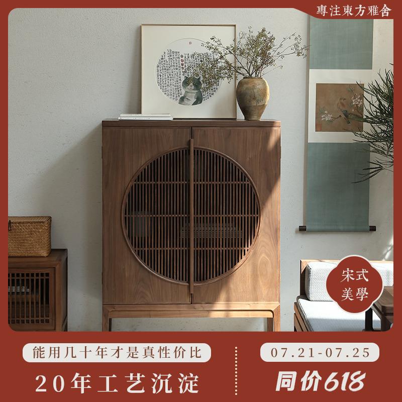 璞木新中式鞋柜餐柜玄关柜禅意黑胡桃木家俱原木实木书柜门厅柜