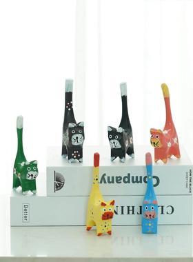 欧式画风纯手工木制磨竖尾小猫6件套家庭桌面饰品儿童房装饰