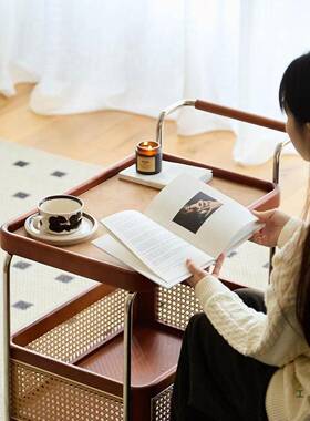 实木可移动边不锈钢纳中古43838小车客厅储物藤几编推置物架简收