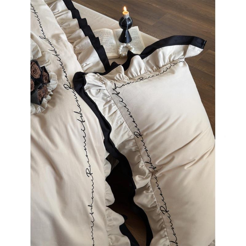 复古黑花边50支全棉色贡YSL磨毛缎件套四法式风简约刺绣被套床上