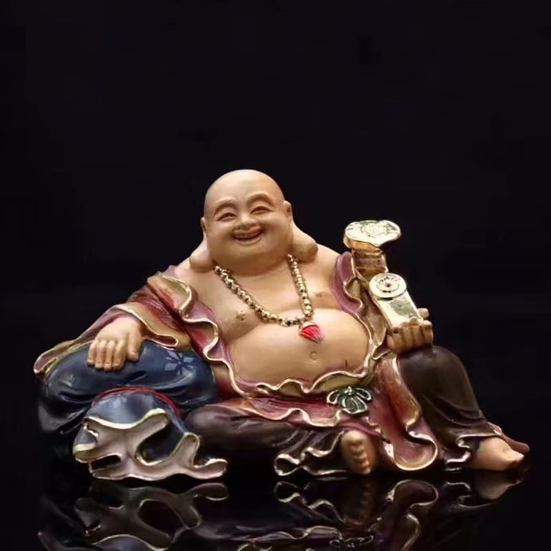 黄杨木雕手工彩绘拉袋弥勒摆件