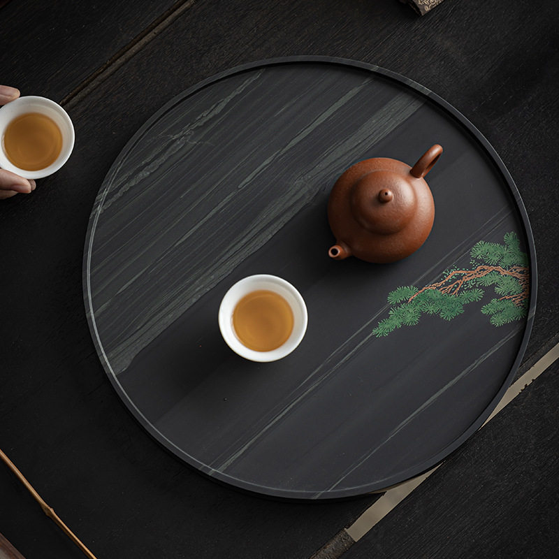 皇庭玉影雕手工石茶盘天然石材乌金石茶盘简约圆形干泡茶台茶托盘