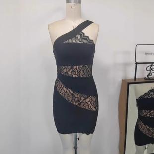 連衣裙黑色蕾絲拼接性感透視晚禮服跨境外貿(mào)歐美包臀連衣裙