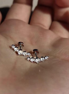 独特超闪弧形排钻钛钢耳钉女养耳洞平底螺丝拧睡觉免摘耳骨钉新款