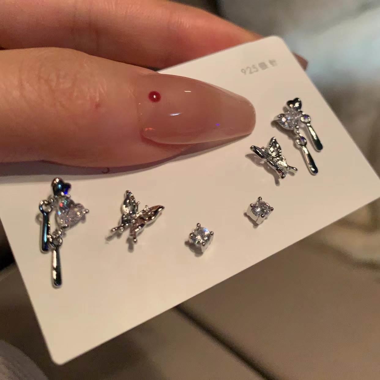 六件套锆石蝴蝶耳钉女S925银针耳环简约小众设计高级感耳饰女