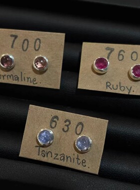 素面泰国清迈三色宝石手工耳环耳钉洗澡睡觉免摘懒人气质百搭耳饰