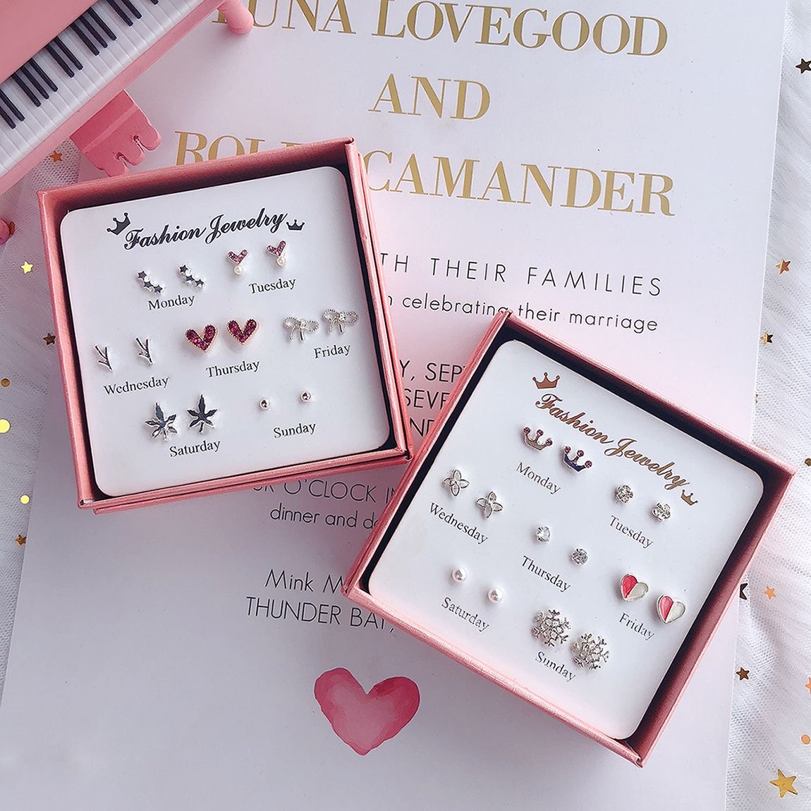 【7对装】耳钉女学生韩版简约可爱套装组合耳环一星期礼品收纳盒