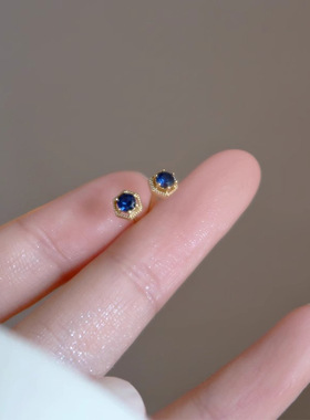 复古蓝色锆石几何耳钉女款小众简约气质六边形耳环耳饰秋冬新款潮