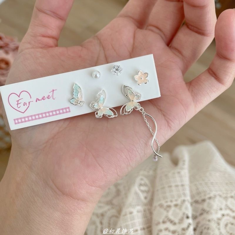 彩色蝴蝶耳钉套装925银针不对称流苏蝴蝶耳钉甜美设计气质耳饰女