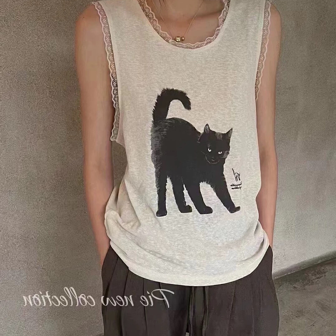 韩系卡通猫咪印花蕾丝边无袖T恤